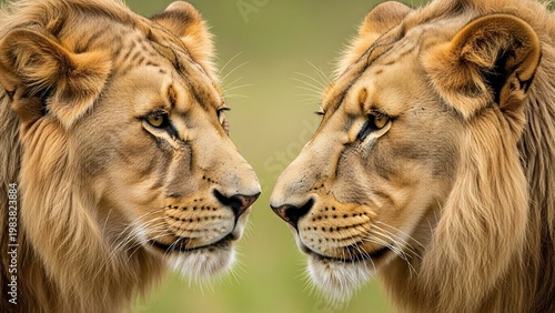 Two Lions Face to Face - A Majestic Wildlife Encounter.