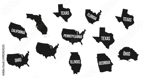 Black silhouettes of US states maps.