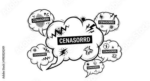 Censored speech bubbles with text.