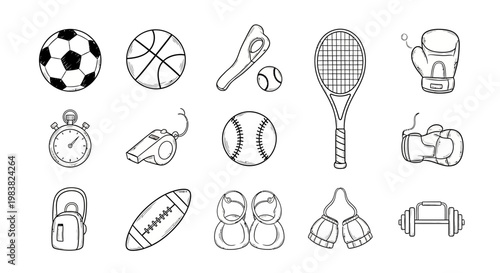 Collection of sports equipment icons.