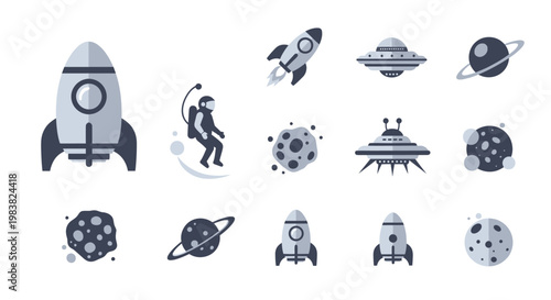 Space icons with rockets and planets.