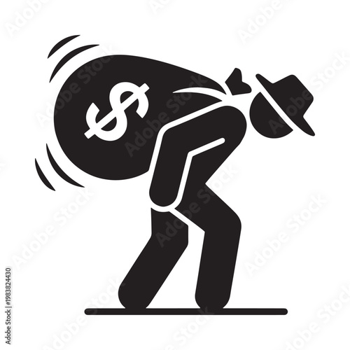 A silhouetted figure carrying a bag with a dollar sign suggesting theft