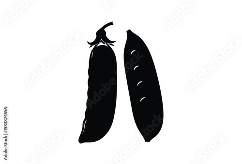 A striking black silhouette of a pea pod and single pea illustration