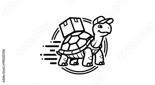 A smiling turtle wearing a cap carries a package quickly