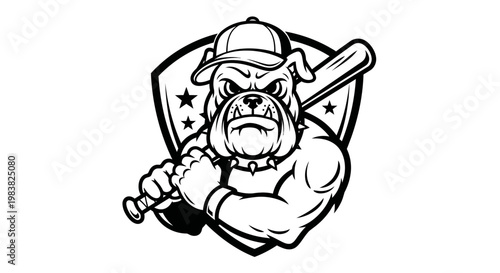 A muscular bulldog wearing a baseball cap and holding a bat aggressively