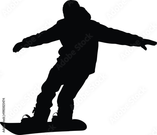 Snowboarder silhouette performing jump maneuver, winter sports action concept, athletic balance illustration, minimal black art outdoor adventure ic 