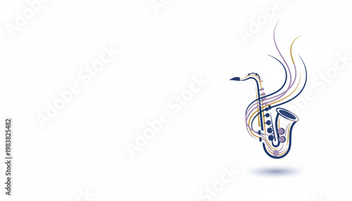 A stylized graphic illustration of a saxophone with abstract musical notes and sound waves in purple and gold on a white background, symbolizing music and art.