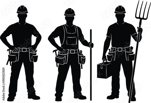 Construction worker silhouettes with tool belt, handyman builder vector set, manual labor
