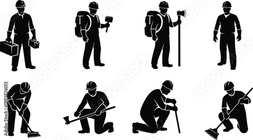 Industrial construction worker silhouettes, 8 manual labor icons, builder vector set