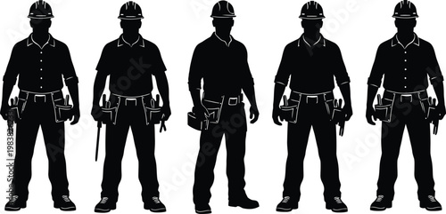 Construction worker silhouettes with hard hats, industrial contractor vector set of 5