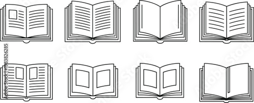 Open Book Icon Set Featuring Various Book Designs for Education, Literature, and Reading Illustrations