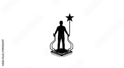 A silhouette of a man standing on a pedestal with a star.