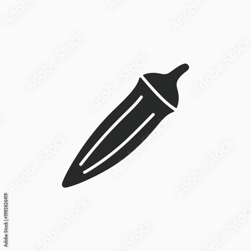 Simple black and white icon depicting a single okra pod