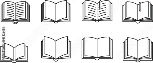 Open Book Icon Set Featuring Various Book Designs for Education, Literature, and Reading Illustrations