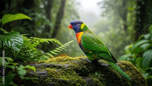 Vibrant Lorikeet Perched on Mossy Rock in Lush Rainforest Setting.