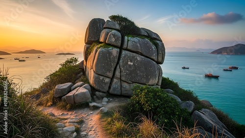 Unique rock formation on a hill overlooking a tranquil sea at sunset.