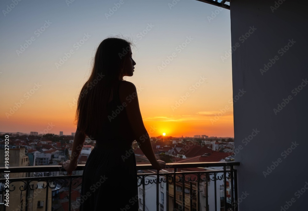 Fototapeta premium Silhouette of a woman watching sunset over city from balcony