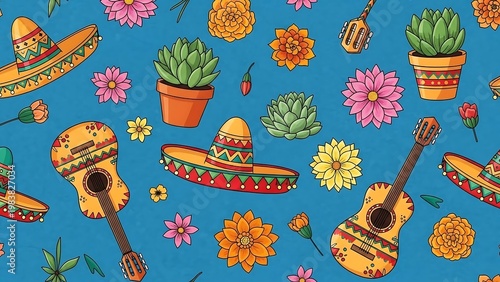 Vibrant Mexican Fiesta Pattern with Sombreros, Guitars, and Cacti.