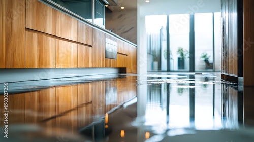 A kitchen with a floor that is wet