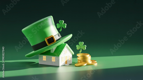A festive St Patrick's Day illustration featuring a green house surrounded by a pot of gold coins, a leprechaun hat, and lucky shamrock leaves for a traditional Irish holiday celebration