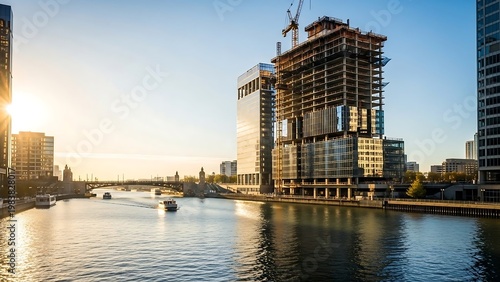 Urban Riverfront Scene - Modern Buildings and Construction at Sunset.