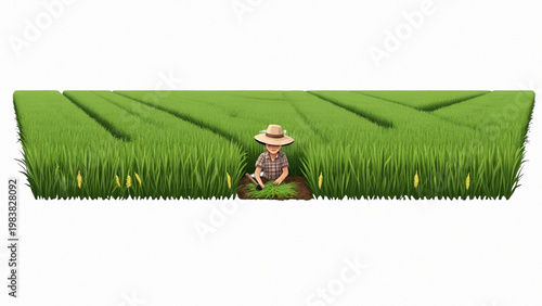Farmer Resting in Lush Green Rice Paddy Field Flat Vector Illustration