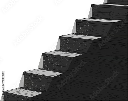 Wooden stairs with a clear division between light and shadow, showing texture.