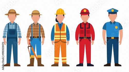 Diverse Male Workers and Professionals Flat Character Illustration Set on White Background