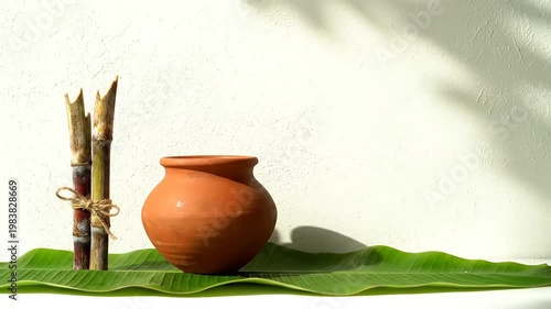 Traditional Harvest Festival Setup with Sugarcane and Earthen Pot.