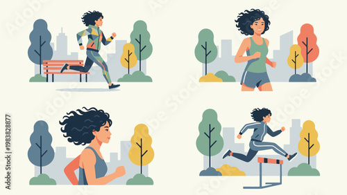 Women running and training in city park set, female jogger fitness illustration collection, active lifestyle sports characters, modern flat vector people exercising outdoor urban nature scenes