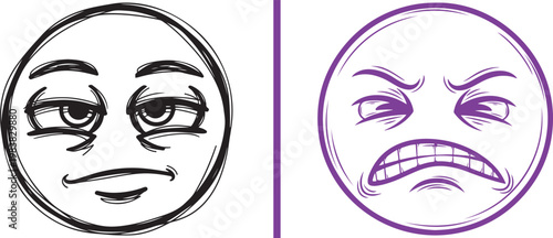 Set of two hand-drawn emoji faces with smug and angry expressions vector illustration for social media communication and emotional reaction design