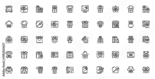 Gifts icon set. Vector illustration pack. Includes car, computer, balloons, flowers, chocolate, gift box, heart and more. Editable stroke.