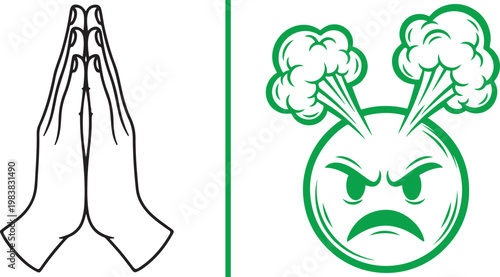 Vector illustration of praying hands and angry face icon with steam representing emotional contrast