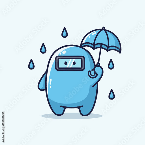 Blue cartoon character with umbrella.