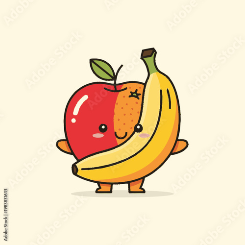 Cartoon apple and banana characters hug.