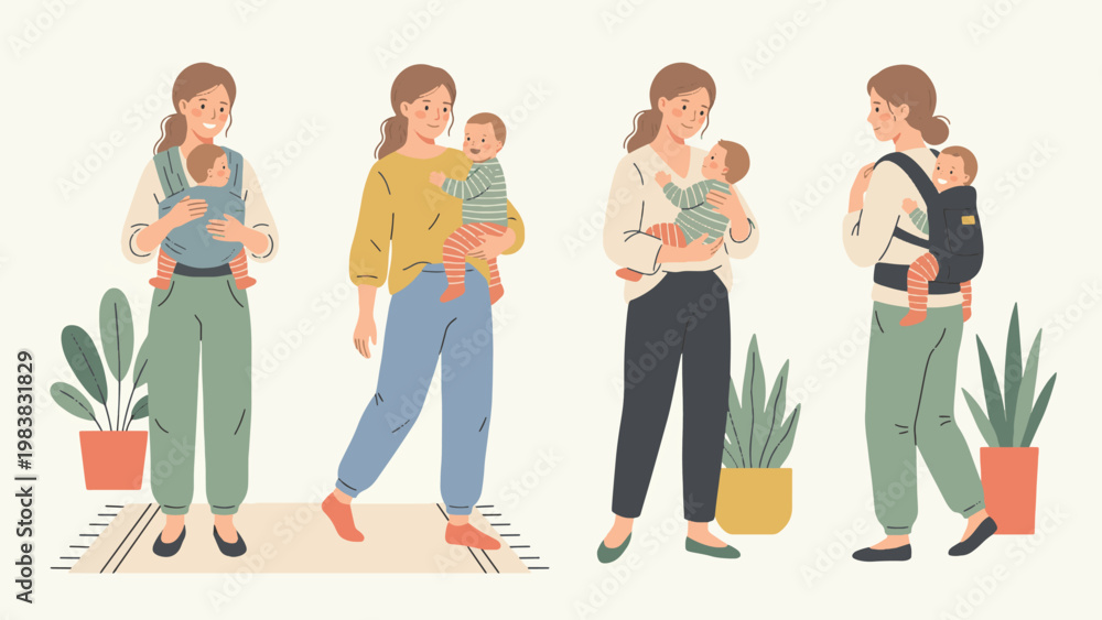 Obraz premium Mother carrying baby in daily life set, mom holding and babywearing child at home, parenting routine and family care moments, modern flat vector illustration collection
