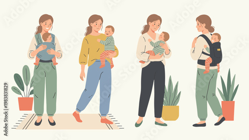 Mother carrying baby in daily life set, mom holding and babywearing child at home, parenting routine and family care moments, modern flat vector illustration collection