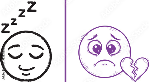 Hand drawn vector illustration of a sleeping face and a sad face with a broken heart representing emotional contrast