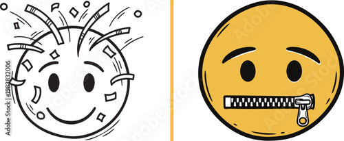 Hand drawn vector illustration of a celebration emoji with confetti and a secret emoji with a zipper mouth representing contrast between loud and quiet