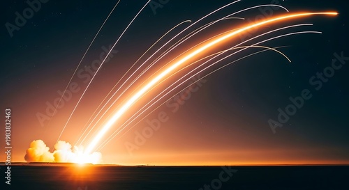 Missile defense system engaged at night