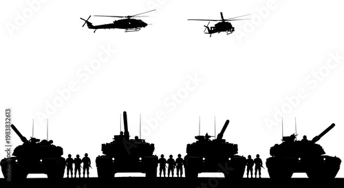 Silhouettes of military tanks and helicopters with soldiers