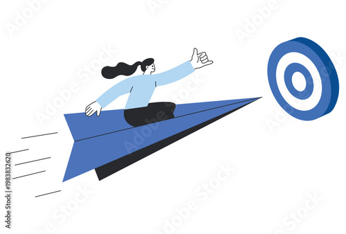 Business woman character flying on a large paper plane towards a circular target board for success.