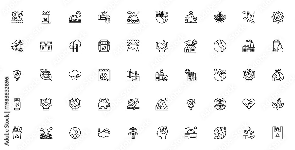 Fototapeta premium Ecology icon set. Environment vector icons pack. Includes symbols for recycle, solar panel, earth, forest, green energy, global warming and more. Editable stroke.