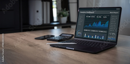 Business analytics dashboard on laptop displaying data for marketing strategy, performance tracking, and growth report insight, supporting decision-making, KPI monitoring, and ROI optimization in work