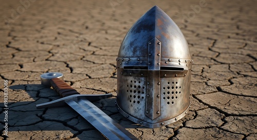 Medieval knight helmet and sword on cracked earth
