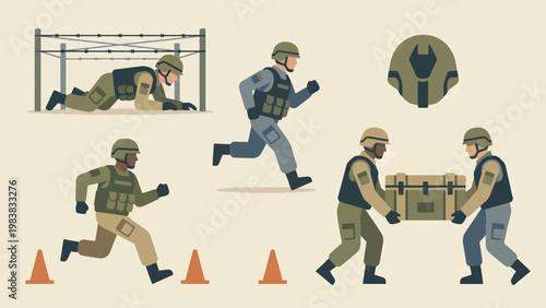 Military training activity set with soldiers running crawling and carrying equipment, army drill exercises and tactical practice collection, modern flat vector illustration