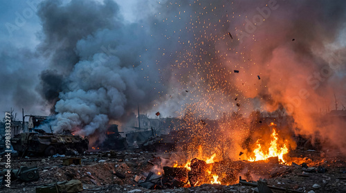 Tableau sur toile Devastating battlefield explosion showers brilliant sparks over destroyed military vehicles and thick smoke
