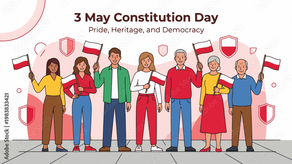 Obraz premium Poland Constitution Day celebration with people holding Polish flags, May 3 national holiday, civic pride and democracy concept, community unity event, modern flat vector illustration