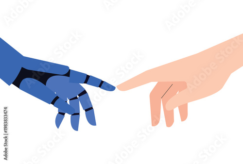 Conceptual representation of a robotic hand touching a human finger symbolizing the union of technology and humanity.