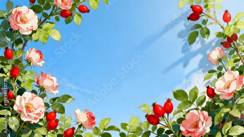 Rose bush with flowers and rose hips under blue sky